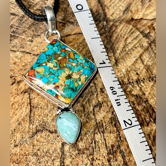 Blue Green Spiny Turquoise in Copper & Larimar Pendant  & Earrings - Picture 11 of 12